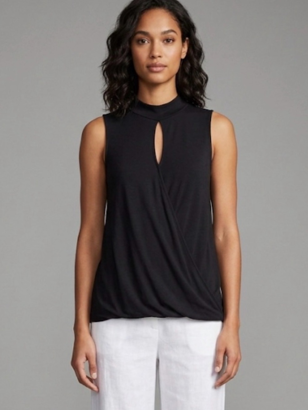 Women’s Sleeveless Black Mock-Neck Keyhole Wrap Front Top NWT